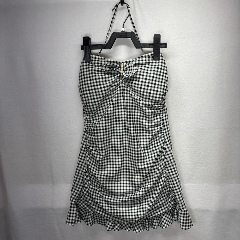 Allen B Schwartz Women's One Piece Swimsuit Swim Dress Black White Gingham sz 6